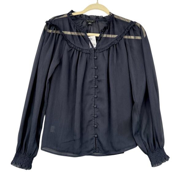 Ann Taylor Semi Sheer Long Sleeve Button-Up Ruffles Ruched Womens Blouse XXS - Picture 1 of 7